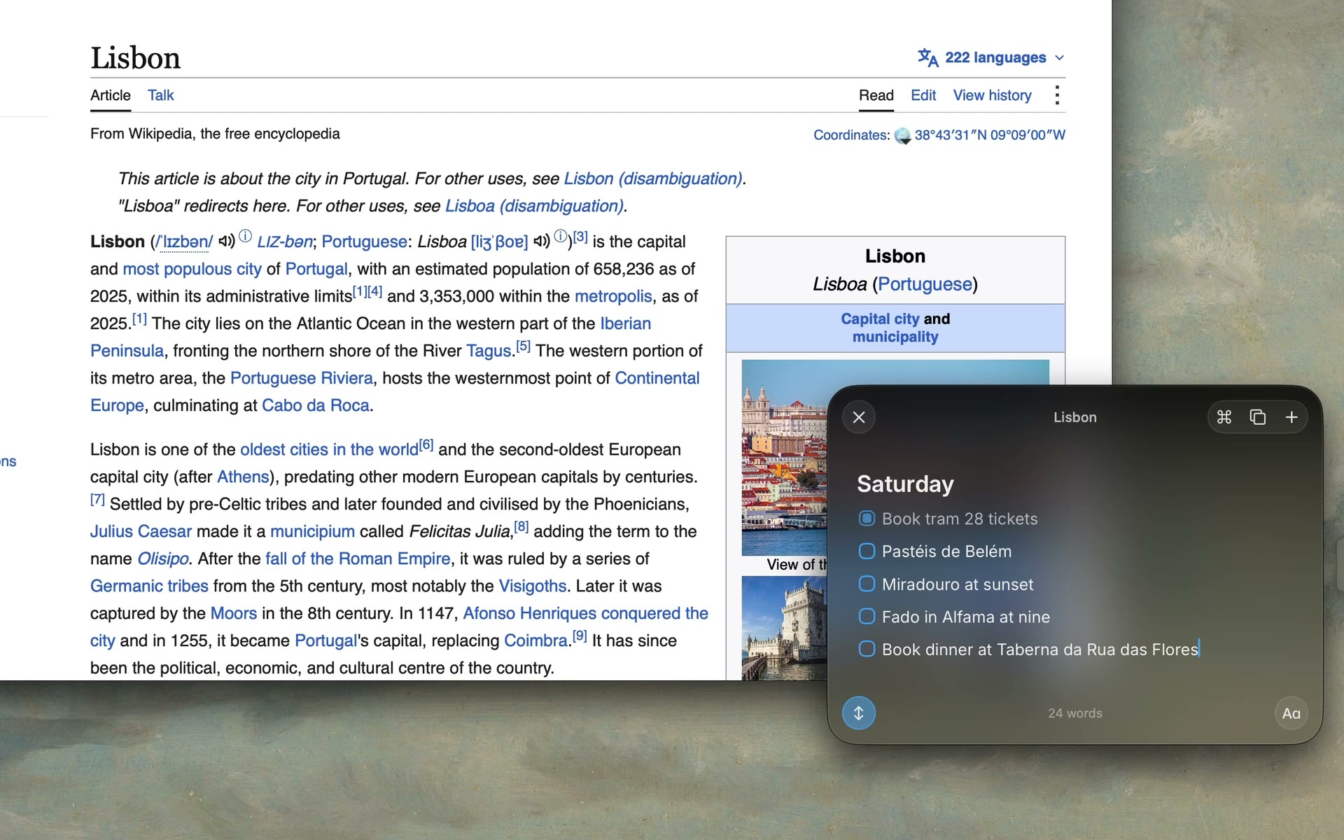 A note appears over Safari with one keystroke, then disappears with Escape.